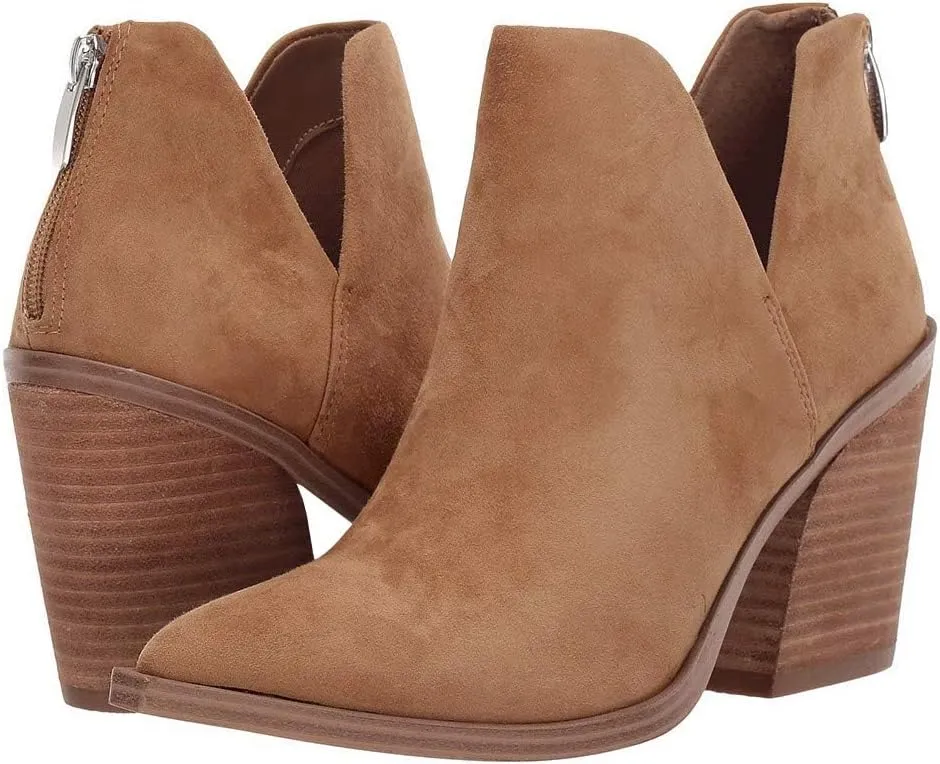 FISACE Womens Pointed Toe Stacked Mid Heel Ankle Boots V Cut Back Zipper Faux Leather Booties
