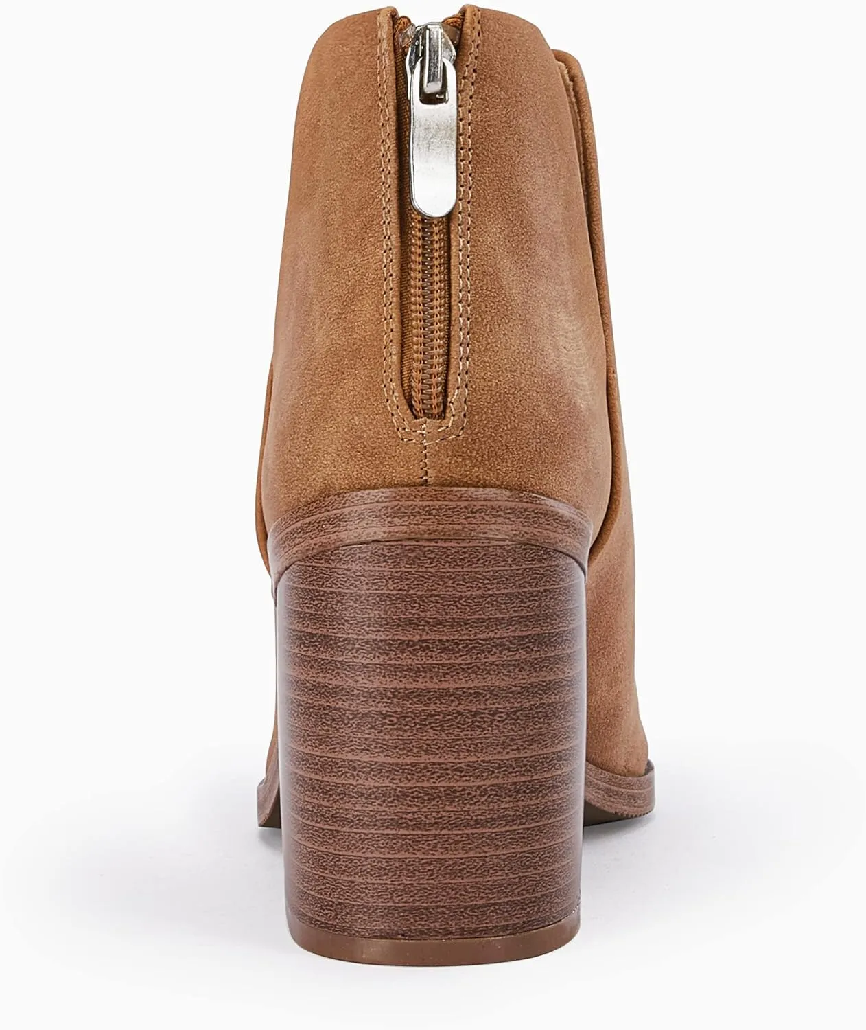FISACE Womens Pointed Toe Stacked Mid Heel Ankle Boots V Cut Back Zipper Faux Leather Booties