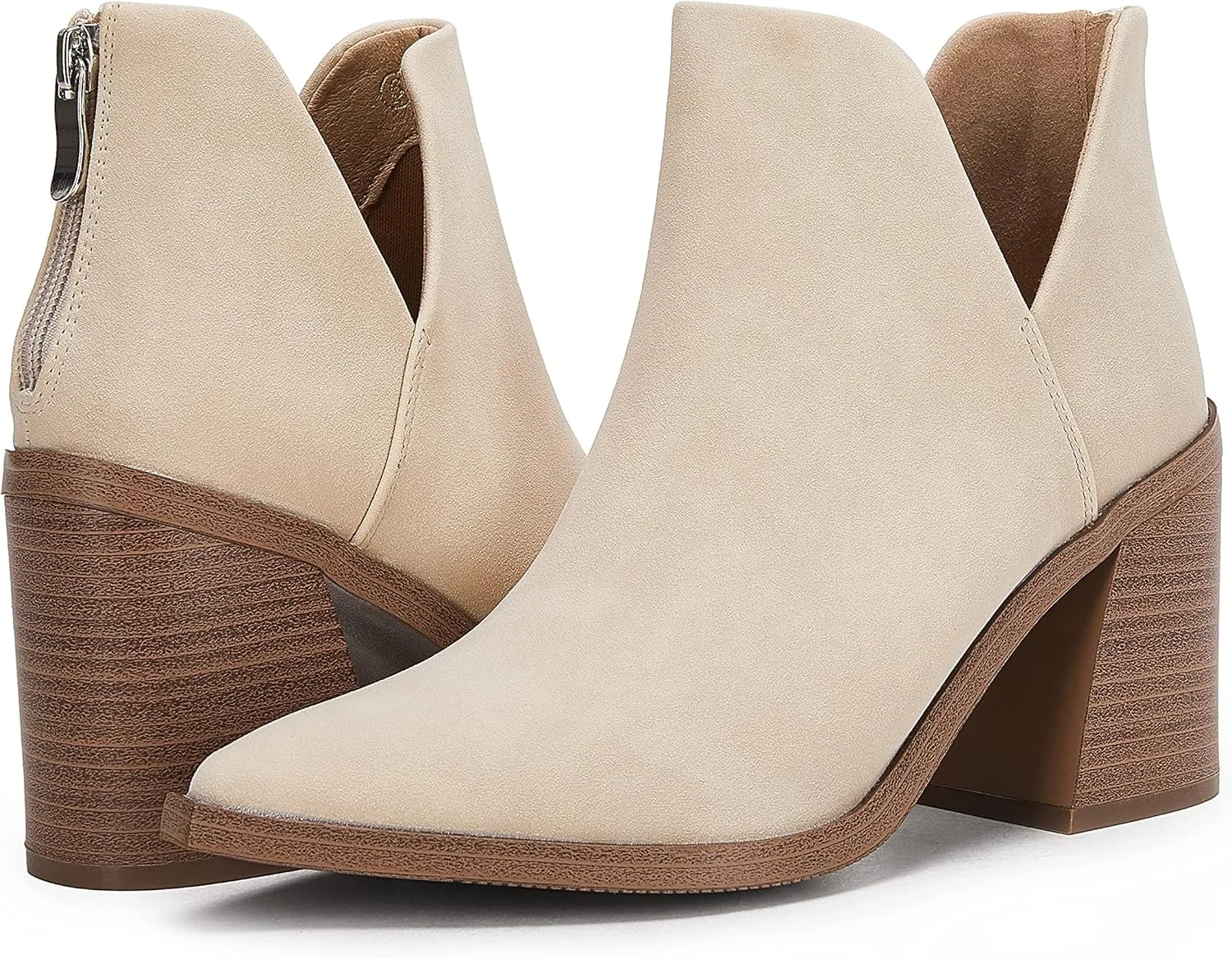 FISACE Womens Pointed Toe Stacked Mid Heel Ankle Boots V Cut Back Zipper Faux Leather Booties
