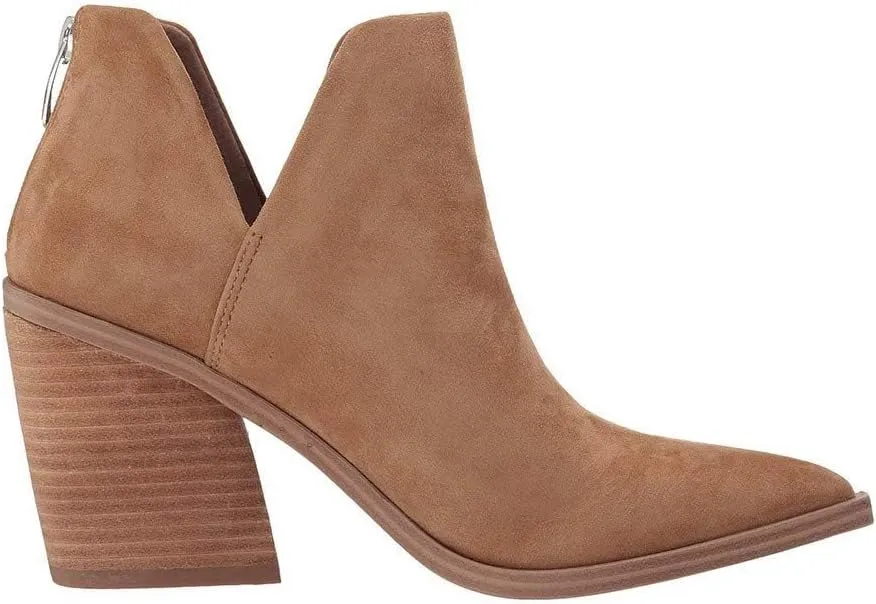 FISACE Womens Pointed Toe Stacked Mid Heel Ankle Boots V Cut Back Zipper Faux Leather Booties