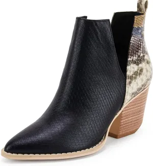 FISACE Womens Pointed Toe Stacked Mid Heel Ankle Boots V Cut Back Zipper Faux Leather Booties