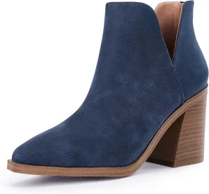 FISACE Womens Pointed Toe Stacked Mid Heel Ankle Boots V Cut Back Zipper Faux Leather Booties