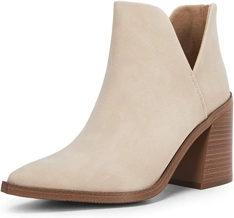 FISACE Womens Pointed Toe Stacked Mid Heel Ankle Boots V Cut Back Zipper Faux Leather Booties