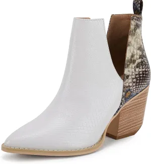 FISACE Womens Pointed Toe Stacked Mid Heel Ankle Boots V Cut Back Zipper Faux Leather Booties