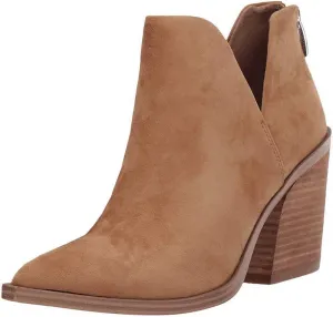 FISACE Womens Pointed Toe Stacked Mid Heel Ankle Boots V Cut Back Zipper Faux Leather Booties