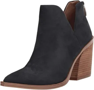 FISACE Womens Pointed Toe Stacked Mid Heel Ankle Boots V Cut Back Zipper Faux Leather Booties