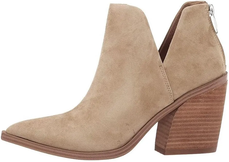 FISACE Womens Pointed Toe Stacked Mid Heel Ankle Boots V Cut Back Zipper Faux Leather Booties