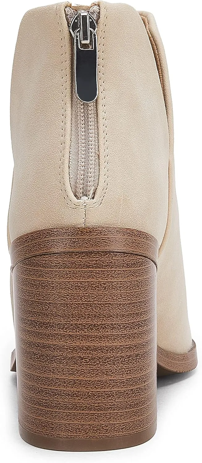 FISACE Womens Pointed Toe Stacked Mid Heel Ankle Boots V Cut Back Zipper Faux Leather Booties