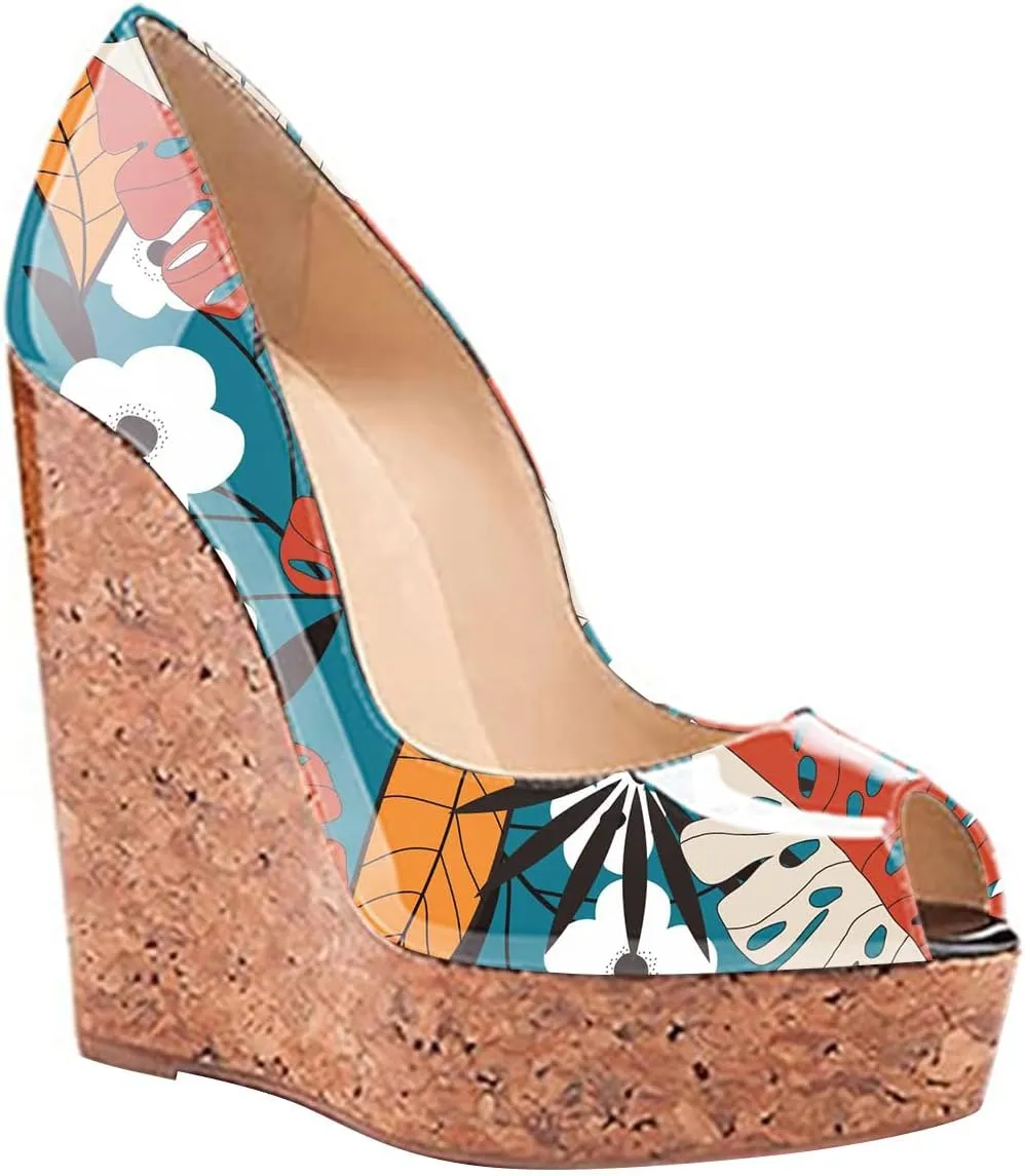 FOWT Noble High Cork Wedges Peep Toe Women Pumps with Platform,Summer Glossy Ladies Slip On Sandals Dress Party and Princess Shoes,US Size 4-16