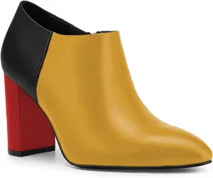 FOWT Women Low Cut Ankle Boots Three Color Tone Short Booties Cap Toe Pumps High Block Heels Shoes Leather Inner Ankle Zip Boots for Ladies Work Daily and Commuting Size 4-16 US