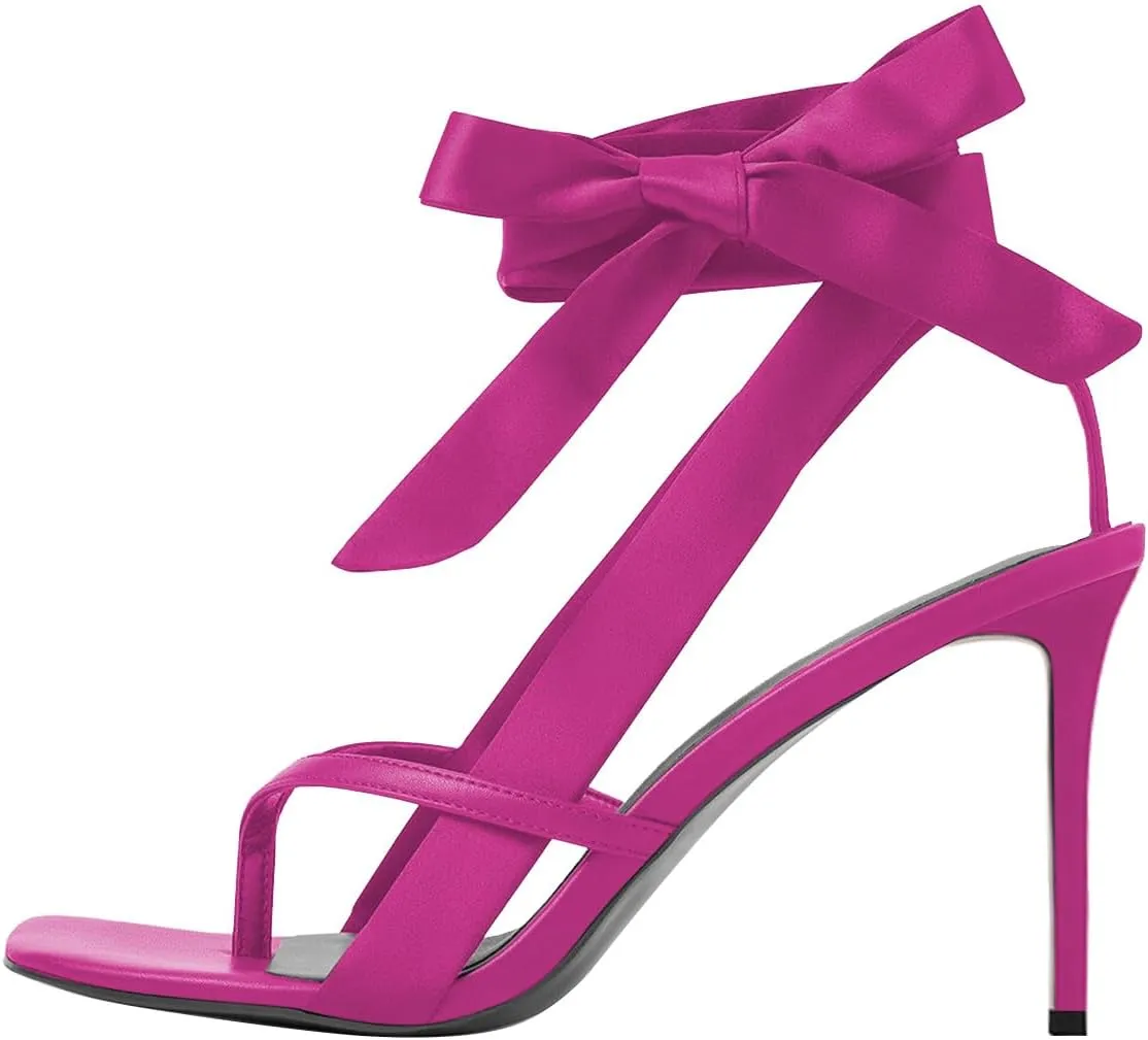 FOWT Women Sqaure Split Toe Sandals Ankle Strap Stiletto High Heels Bow Sexy Dressy Summer Party Shoes Size 4-16 US