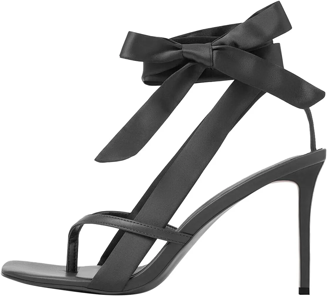 FOWT Women Sqaure Split Toe Sandals Ankle Strap Stiletto High Heels Bow Sexy Dressy Summer Party Shoes Size 4-16 US