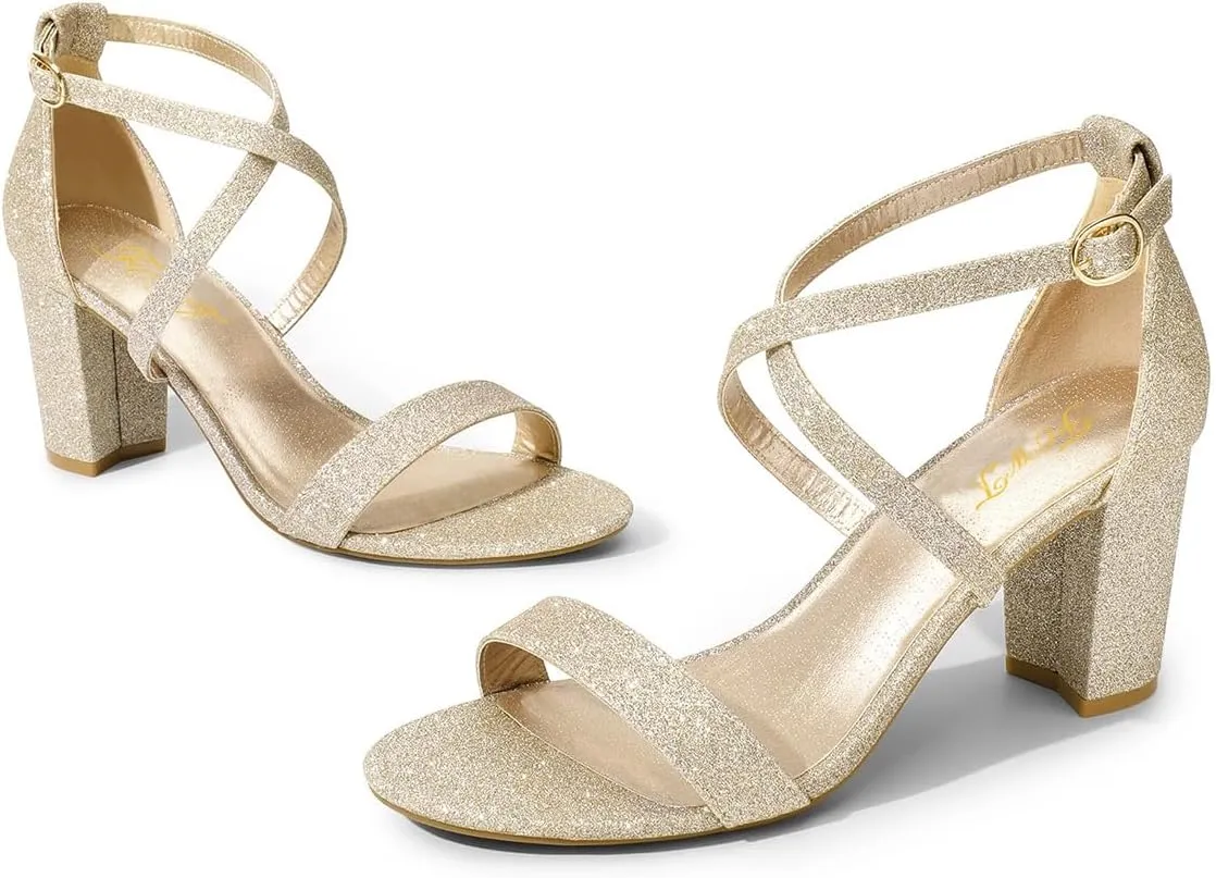 FOWT Women Strappy Open Toe Sandals Chunky Block Mid Heels Cross Strap Elegant Prom Dance Shoes Size 4-15 US
