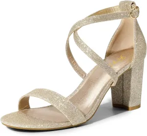 FOWT Women Strappy Open Toe Sandals Chunky Block Mid Heels Cross Strap Elegant Prom Dance Shoes Size 4-15 US