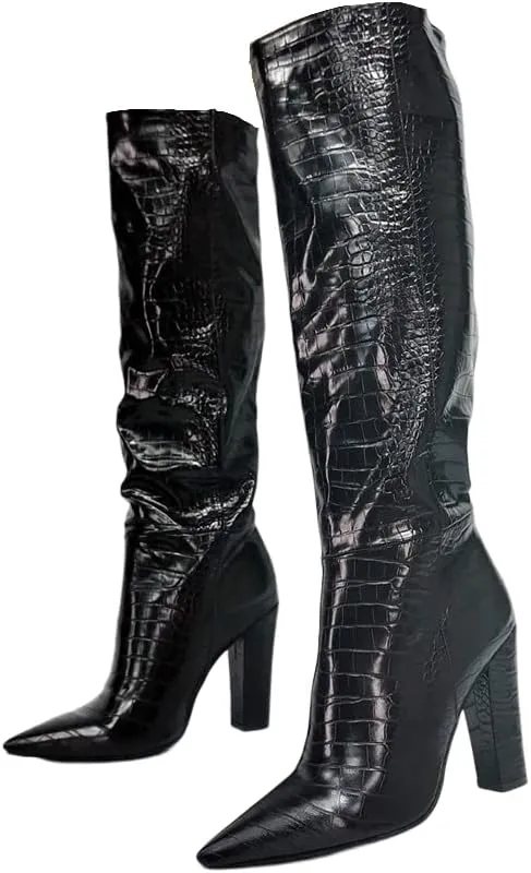 Frankie Hsu Fashion Alligator Crocodile Print Designer Sexy Women Men Big Large Size Black Chunky Block Heels Knee High Heeled Calf Long Autumn Boots