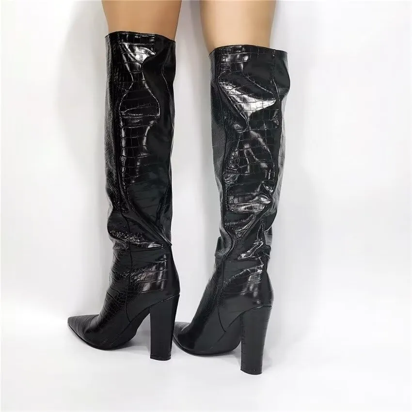 Frankie Hsu Fashion Alligator Crocodile Print Designer Sexy Women Men Big Large Size Black Chunky Block Heels Knee High Heeled Calf Long Autumn Boots