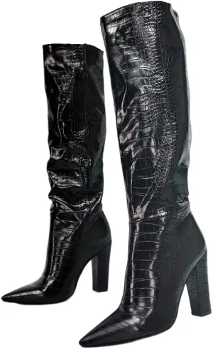 Frankie Hsu Fashion Alligator Crocodile Print Designer Sexy Women Men Big Large Size Black Chunky Block Heels Knee High Heeled Calf Long Autumn Boots