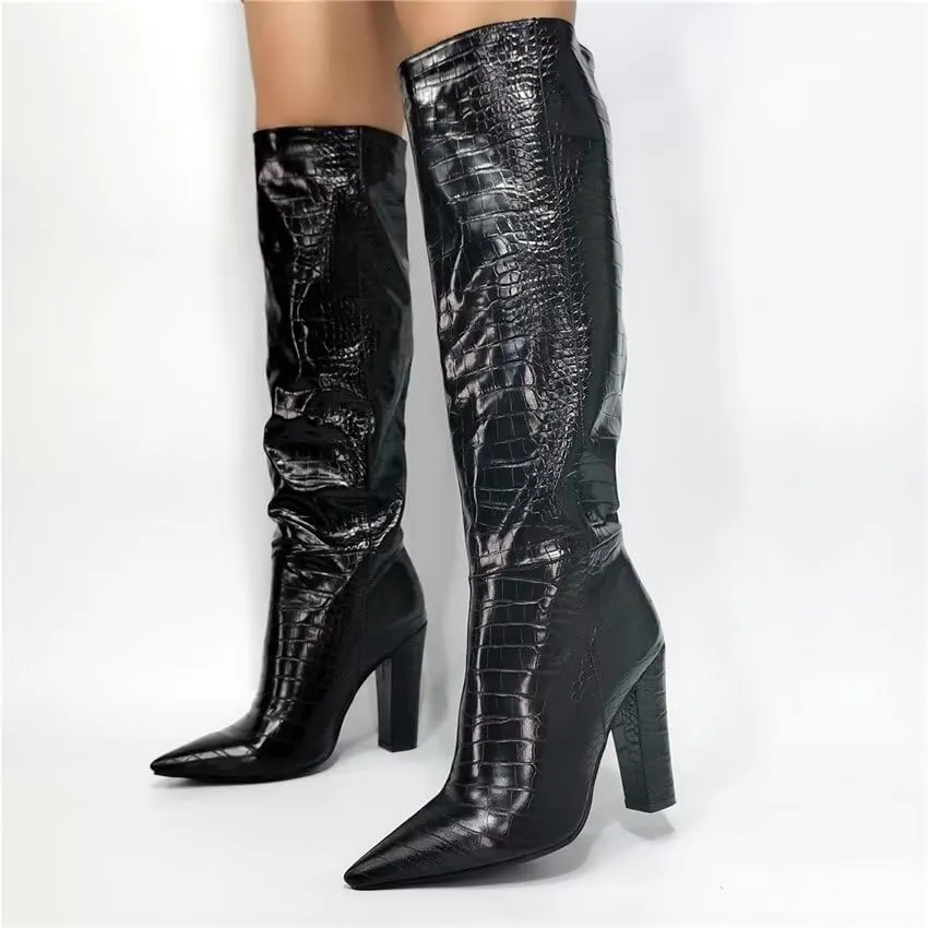 Frankie Hsu Fashion Alligator Crocodile Print Designer Sexy Women Men Big Large Size Black Chunky Block Heels Knee High Heeled Calf Long Autumn Boots