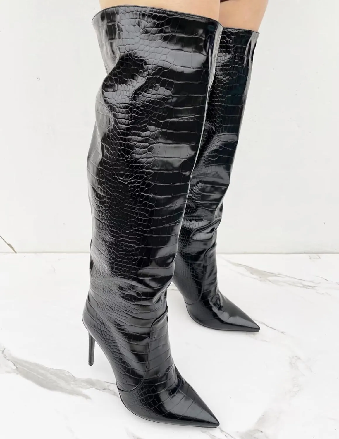 Frankie Hsu Fashion Designer Sexy Women Men Big Large Size Black Crocodile Patent Leather Stiletto Heels Knee High Calf Long Boots US4-14