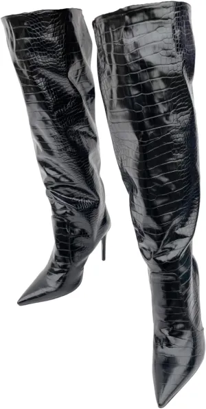 Frankie Hsu Fashion Designer Sexy Women Men Big Large Size Black Crocodile Patent Leather Stiletto Heels Knee High Calf Long Boots US4-14