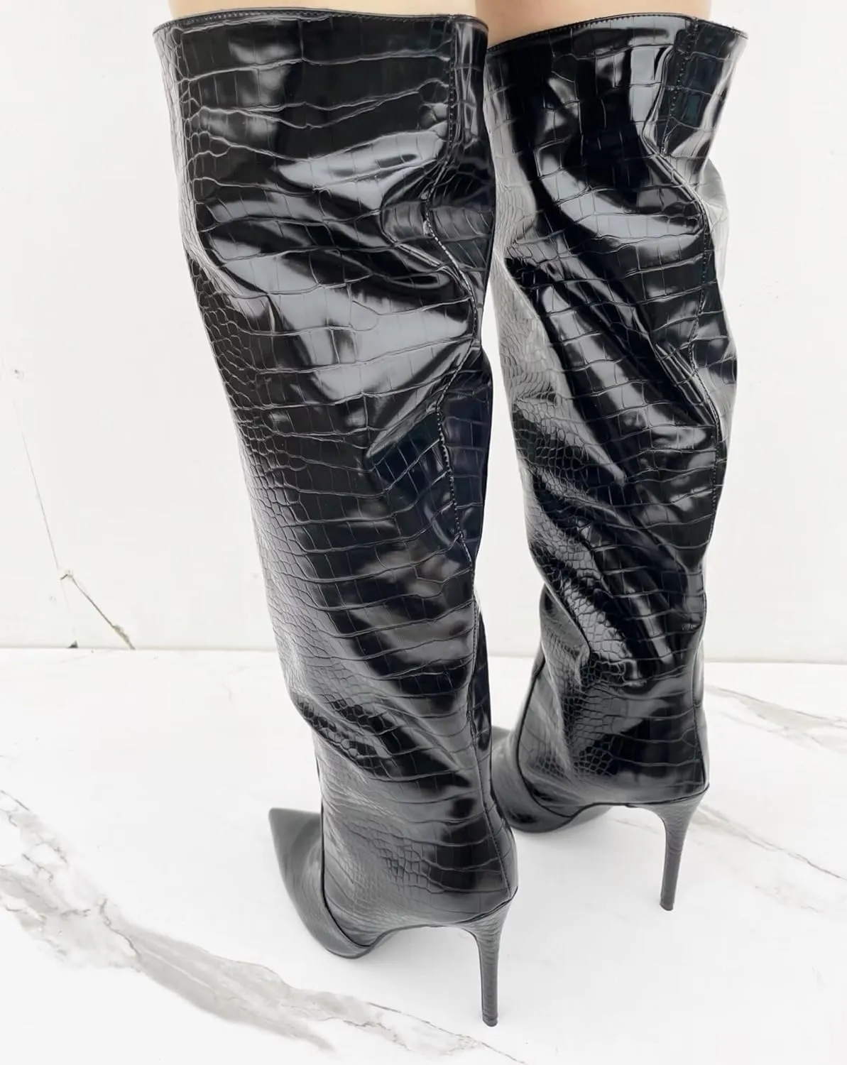Frankie Hsu Fashion Designer Sexy Women Men Big Large Size Black Crocodile Patent Leather Stiletto Heels Knee High Calf Long Boots US4-14