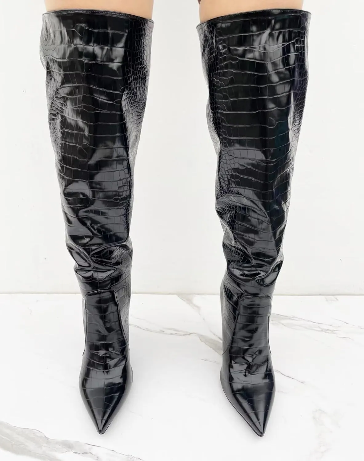 Frankie Hsu Fashion Designer Sexy Women Men Big Large Size Black Crocodile Patent Leather Stiletto Heels Knee High Calf Long Boots US4-14