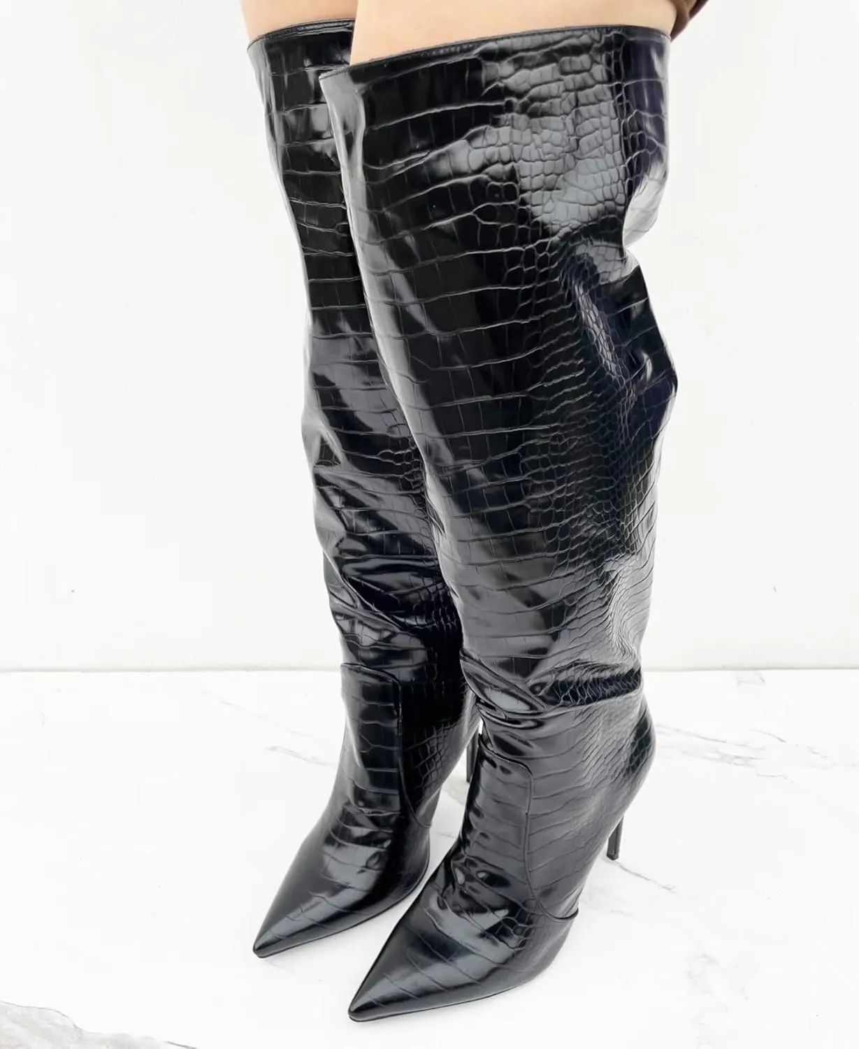 Frankie Hsu Fashion Designer Sexy Women Men Big Large Size Black Crocodile Patent Leather Stiletto Heels Knee High Calf Long Boots US4-14