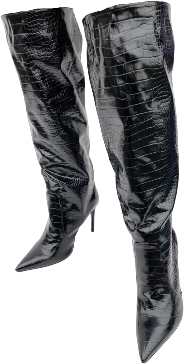 Frankie Hsu Fashion Designer Sexy Women Men Big Large Size Black Crocodile Patent Leather Stiletto Heels Knee High Calf Long Boots US4-14
