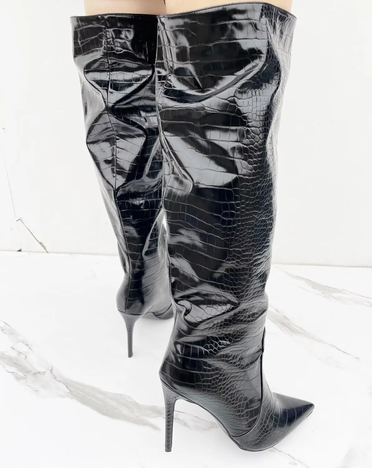 Frankie Hsu Fashion Designer Sexy Women Men Big Large Size Black Crocodile Patent Leather Stiletto Heels Knee High Calf Long Boots US4-14