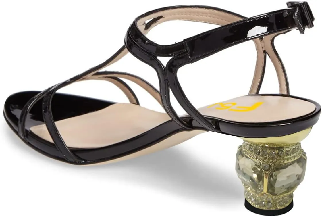 FSJ Women Casual T-Strap Sandal Open Toe Stacked Kitten Heel Strappy Rhinestone Shoe Size 4-15 US