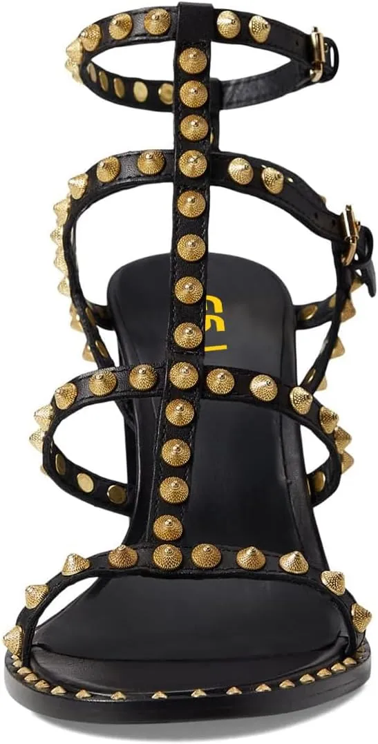 FSJ Women Gladiator Rivets Strap Open Toe Chunky Block Heel Sandals Sexy Cutout Ankle Buckle Stud Cocktail Nightclub Shoes Size 4-15 US