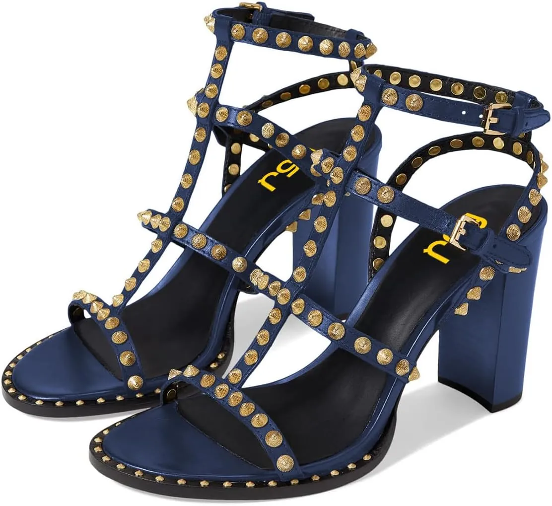 FSJ Women Gladiator Rivets Strap Open Toe Chunky Block Heel Sandals Sexy Cutout Ankle Buckle Stud Cocktail Nightclub Shoes Size 4-15 US