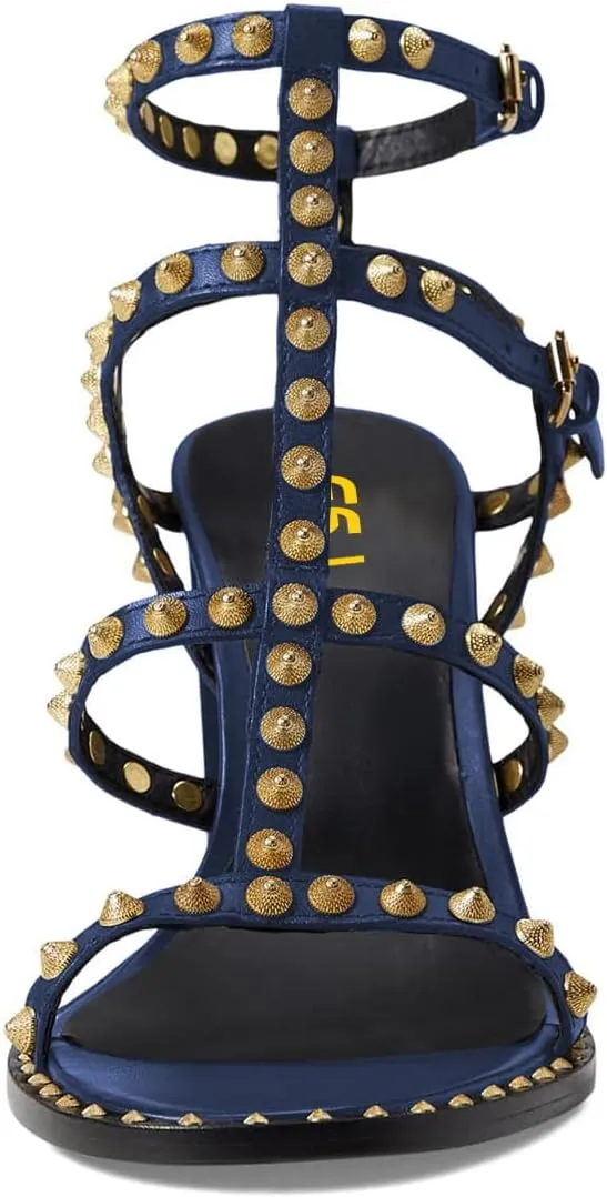 FSJ Women Gladiator Rivets Strap Open Toe Chunky Block Heel Sandals Sexy Cutout Ankle Buckle Stud Cocktail Nightclub Shoes Size 4-15 US