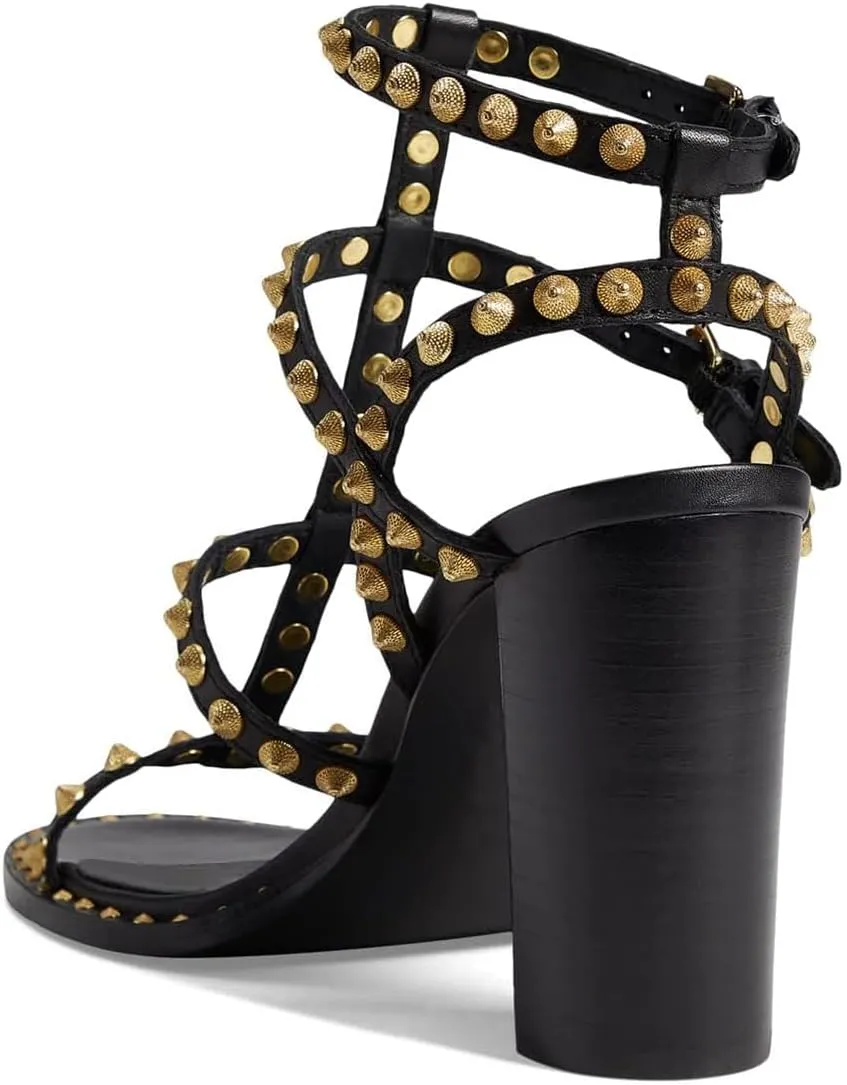 FSJ Women Gladiator Rivets Strap Open Toe Chunky Block Heel Sandals Sexy Cutout Ankle Buckle Stud Cocktail Nightclub Shoes Size 4-15 US
