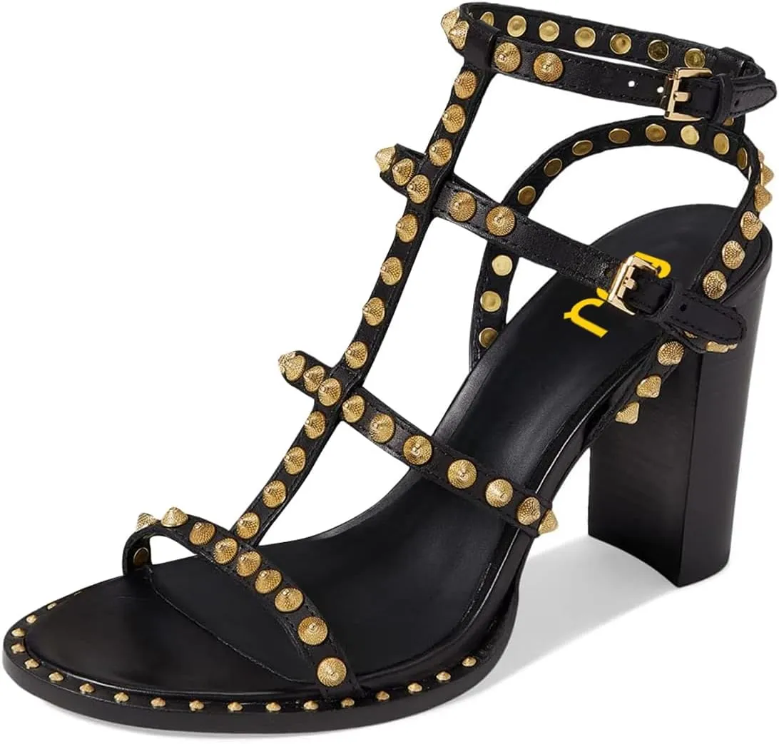 FSJ Women Gladiator Rivets Strap Open Toe Chunky Block Heel Sandals Sexy Cutout Ankle Buckle Stud Cocktail Nightclub Shoes Size 4-15 US