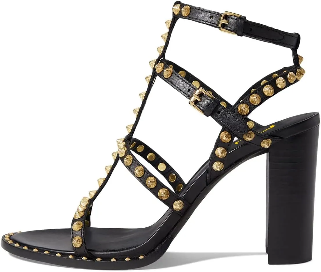 FSJ Women Gladiator Rivets Strap Open Toe Chunky Block Heel Sandals Sexy Cutout Ankle Buckle Stud Cocktail Nightclub Shoes Size 4-15 US