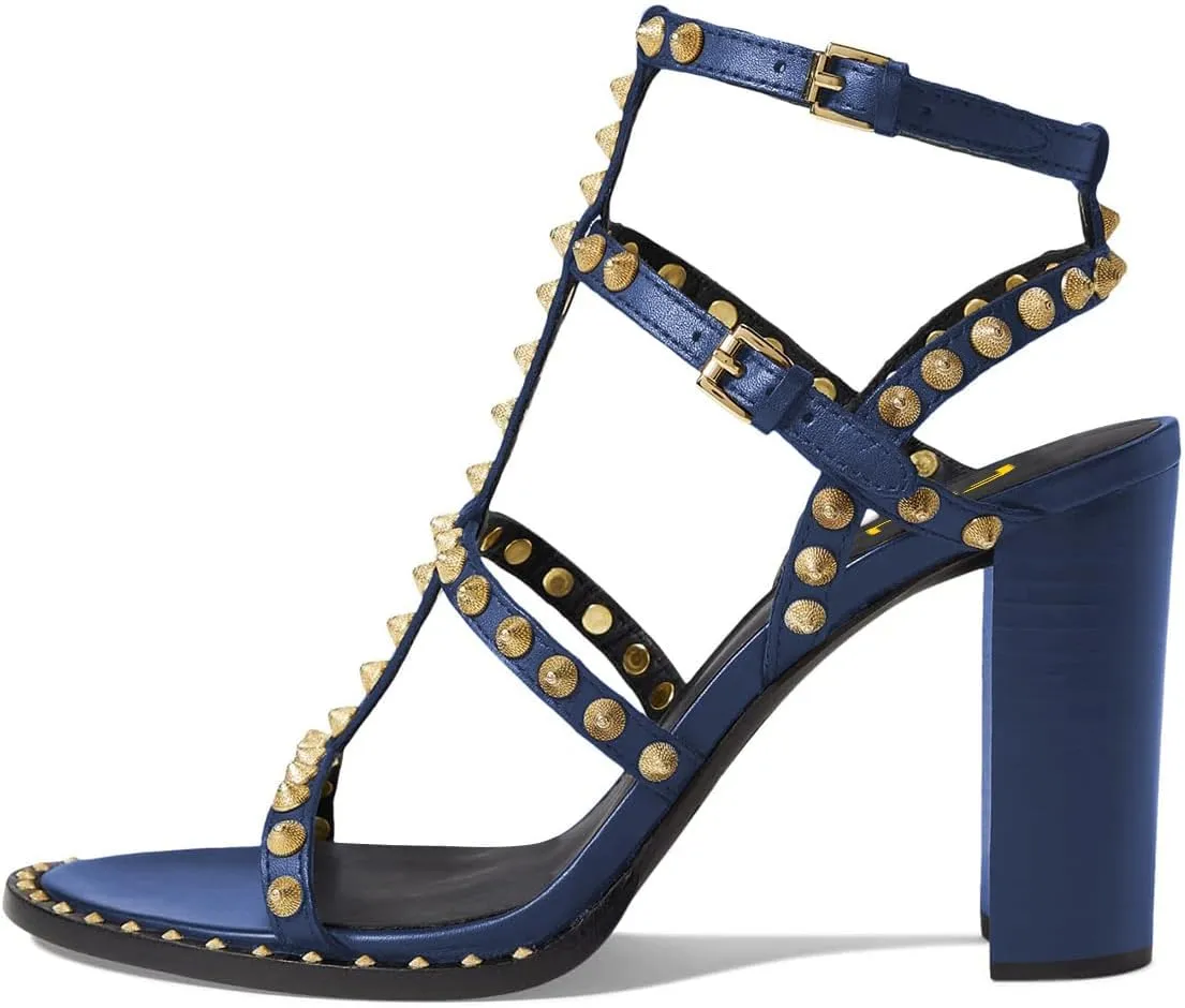FSJ Women Gladiator Rivets Strap Open Toe Chunky Block Heel Sandals Sexy Cutout Ankle Buckle Stud Cocktail Nightclub Shoes Size 4-15 US
