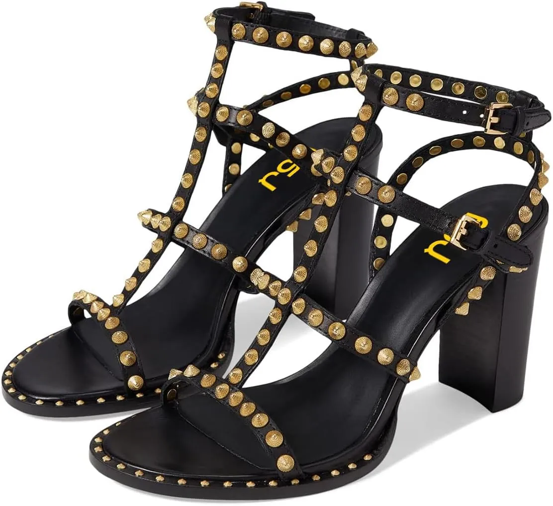 FSJ Women Gladiator Rivets Strap Open Toe Chunky Block Heel Sandals Sexy Cutout Ankle Buckle Stud Cocktail Nightclub Shoes Size 4-15 US