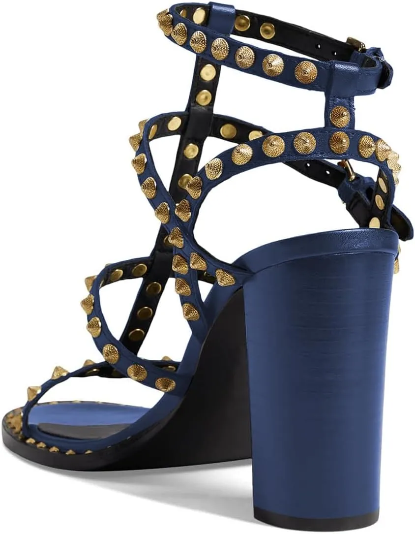 FSJ Women Gladiator Rivets Strap Open Toe Chunky Block Heel Sandals Sexy Cutout Ankle Buckle Stud Cocktail Nightclub Shoes Size 4-15 US