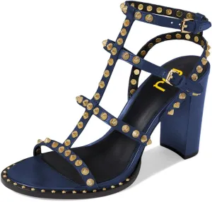 FSJ Women Gladiator Rivets Strap Open Toe Chunky Block Heel Sandals Sexy Cutout Ankle Buckle Stud Cocktail Nightclub Shoes Size 4-15 US