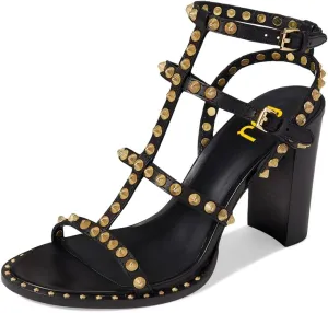 FSJ Women Gladiator Rivets Strap Open Toe Chunky Block Heel Sandals Sexy Cutout Ankle Buckle Stud Cocktail Nightclub Shoes Size 4-15 US