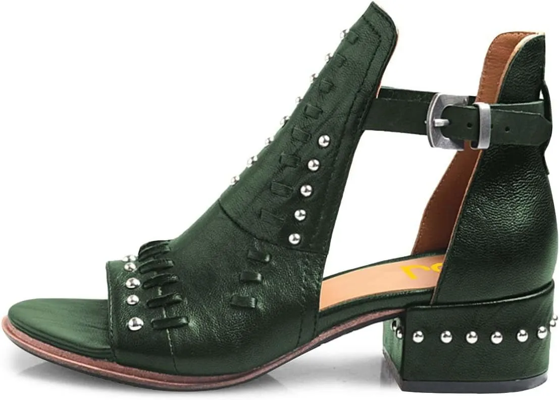FSJ Women Peep Open Toe Boot Cut Out Buckle Ankle Bootie Comfortable Stacked Block Low Heeled Sandal Shoes Size 4-15 US