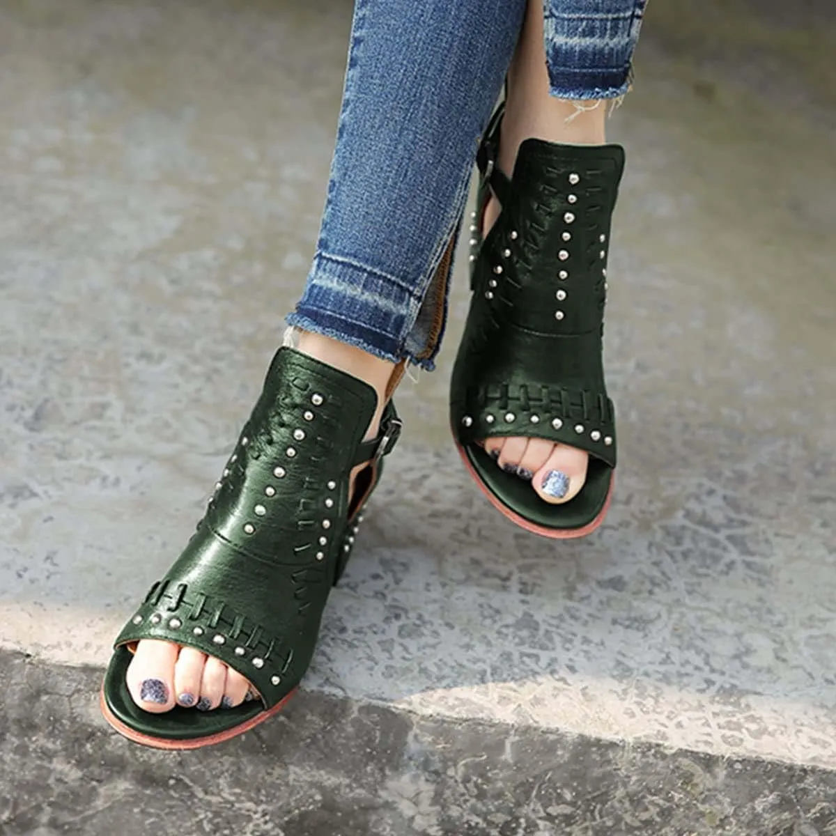 FSJ Women Peep Open Toe Boot Cut Out Buckle Ankle Bootie Comfortable Stacked Block Low Heeled Sandal Shoes Size 4-15 US