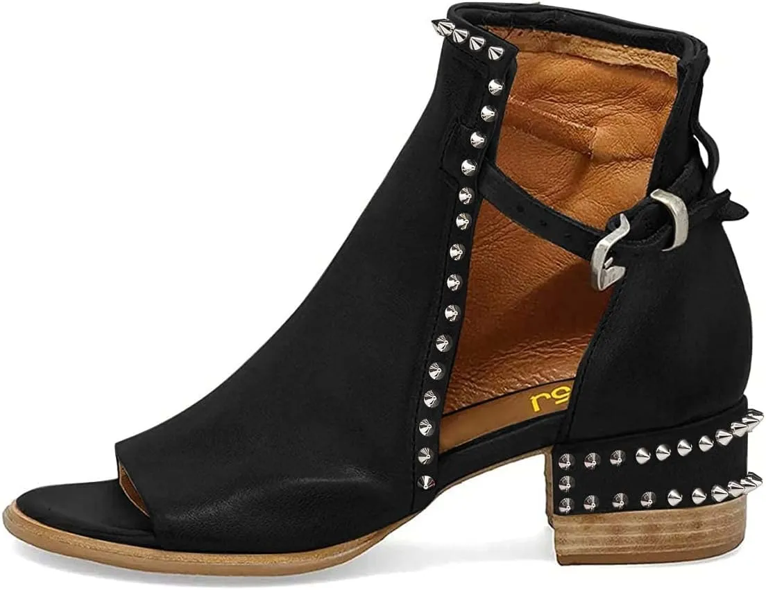 FSJ Women Peep Open Toe Sandals Boot Cut Out Buckle Ankle Bootie Comfortable Stacked Block Low Heeled Summer Sandal Shoes Size 4-15 M US