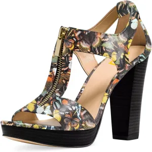 FSJ Women Peep Open Toe T-Strap Front Zipper Chunky Stacked High Heel Sandal Booties Platform Pumps Shoes Size 4-15 US