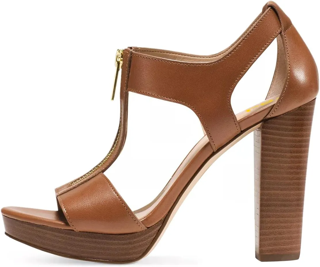 FSJ Women Peep Open Toe T-Strap Front Zipper Chunky Stacked High Heel Sandal Booties Platform Pumps Shoes Size 4-15 US