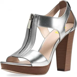 FSJ Women Peep Open Toe T-Strap Front Zipper Chunky Stacked High Heel Sandal Booties Platform Pumps Shoes Size 4-15 US