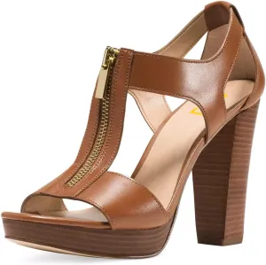 FSJ Women Peep Open Toe T-Strap Front Zipper Chunky Stacked High Heel Sandal Booties Platform Pumps Shoes Size 4-15 US