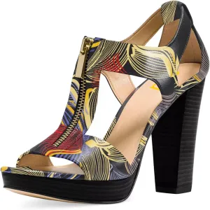 FSJ Women Peep Open Toe T-Strap Front Zipper Chunky Stacked High Heel Sandal Booties Platform Pumps Shoes Size 4-15 US