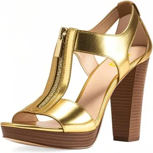 FSJ Women Peep Open Toe T-Strap Front Zipper Chunky Stacked High Heel Sandal Booties Platform Pumps Shoes Size 4-15 US